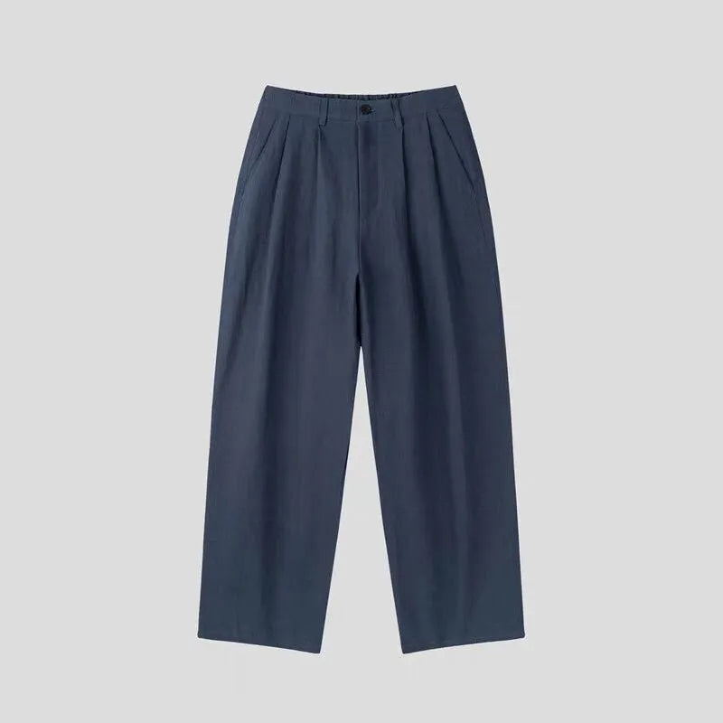 Men's lightweight cotton linen blend trousers in a loose fit, shown in apricot, army green, and purplish blue colours.
