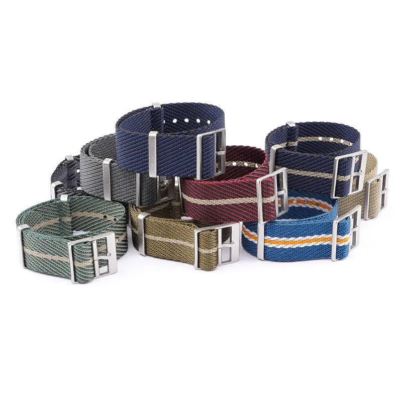 Nylon woven canvas watch strap with silver buckle in blue white yellow colour combination