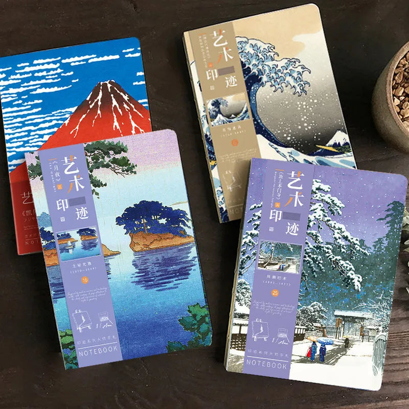 A5 retro hand ledger notebook with Ukiyo-e artwork cover, open on a desk showing Daolin paper pages.
