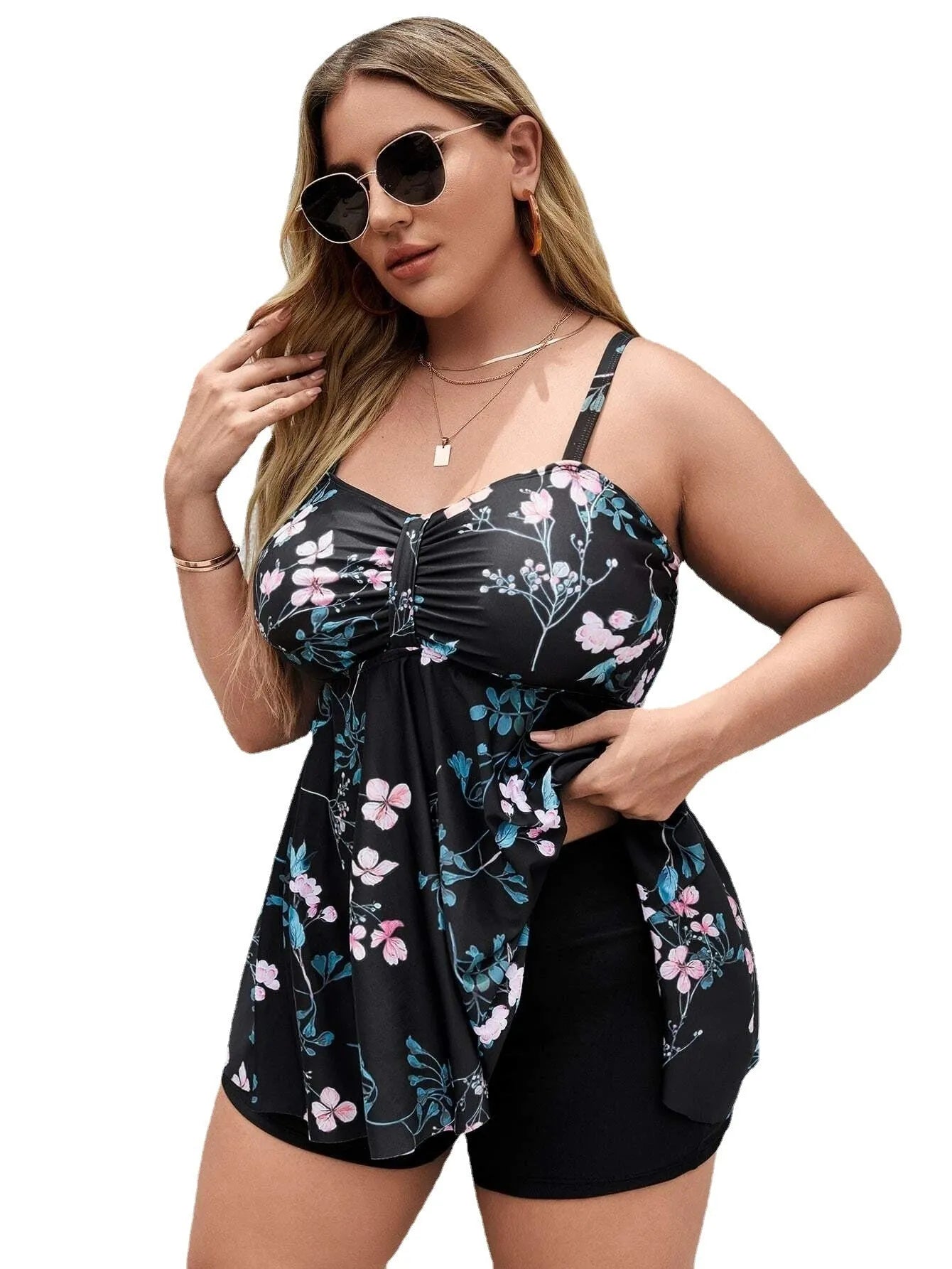 Women's floral print one-piece swimsuit showing split colour design and high elasticity fabric