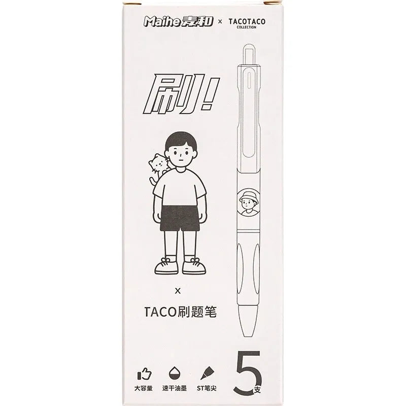 Five Taco brand neutral black plastic ballpoint pens with 0.5mm quick-drying black refills