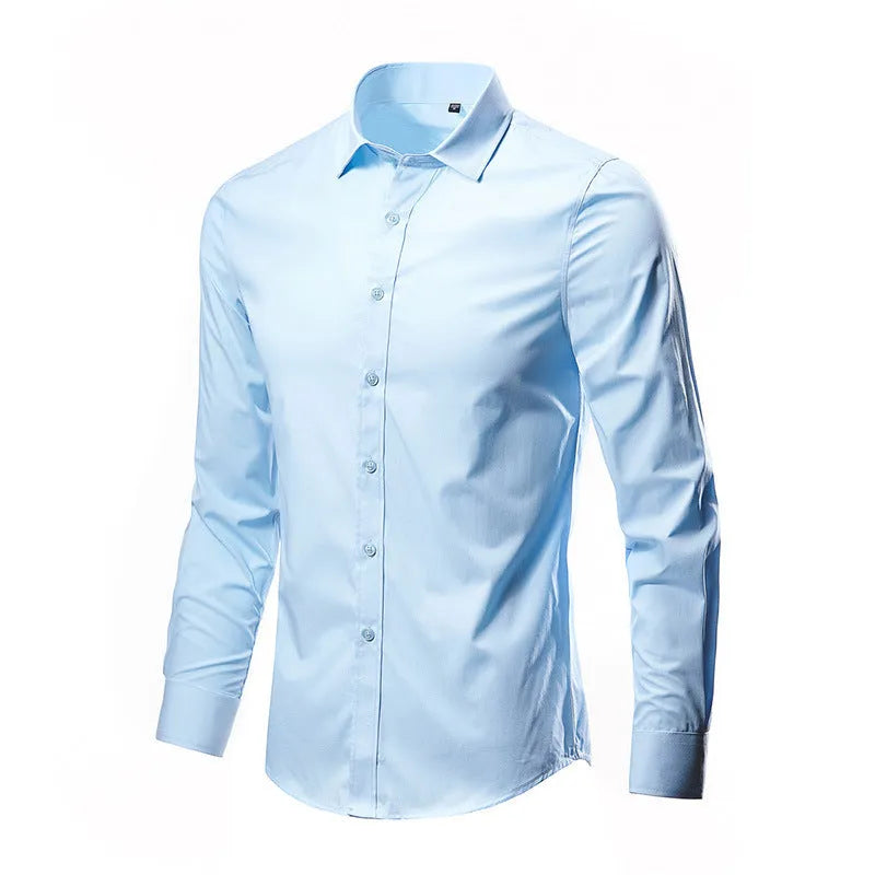 Loose fit long sleeve linen shirt shown in multiple colour options.