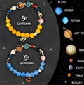 Twelve zodiac sign natural stone beaded bracelet set showing adjustable design and astrological symbols