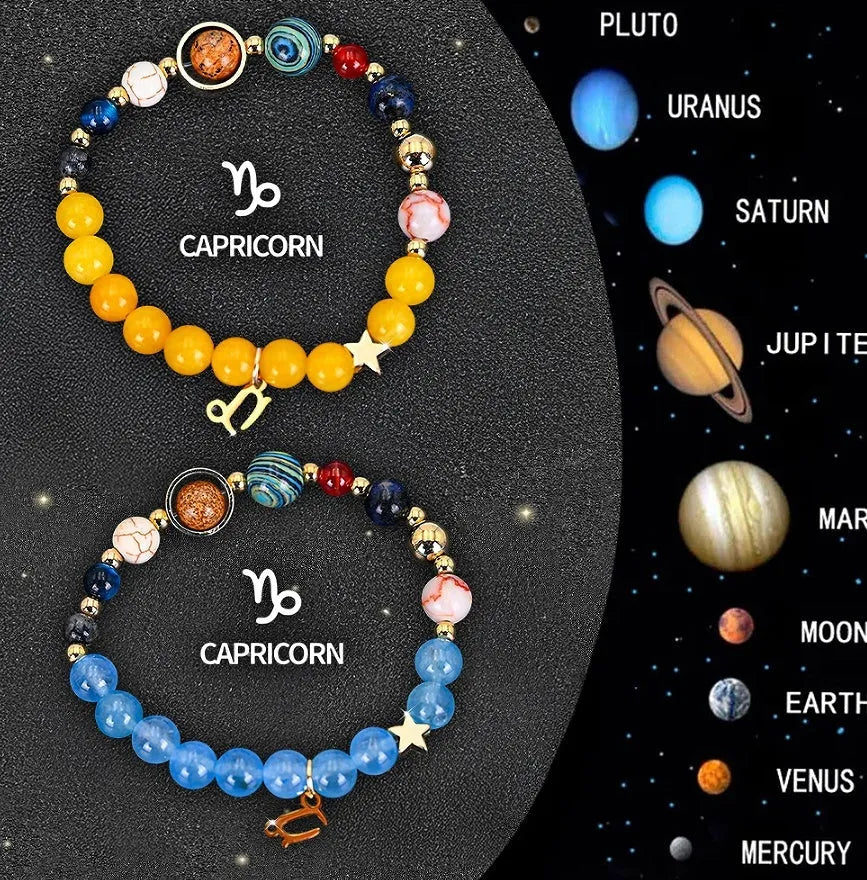 Twelve zodiac sign natural stone beaded bracelet set showing adjustable design and astrological symbols