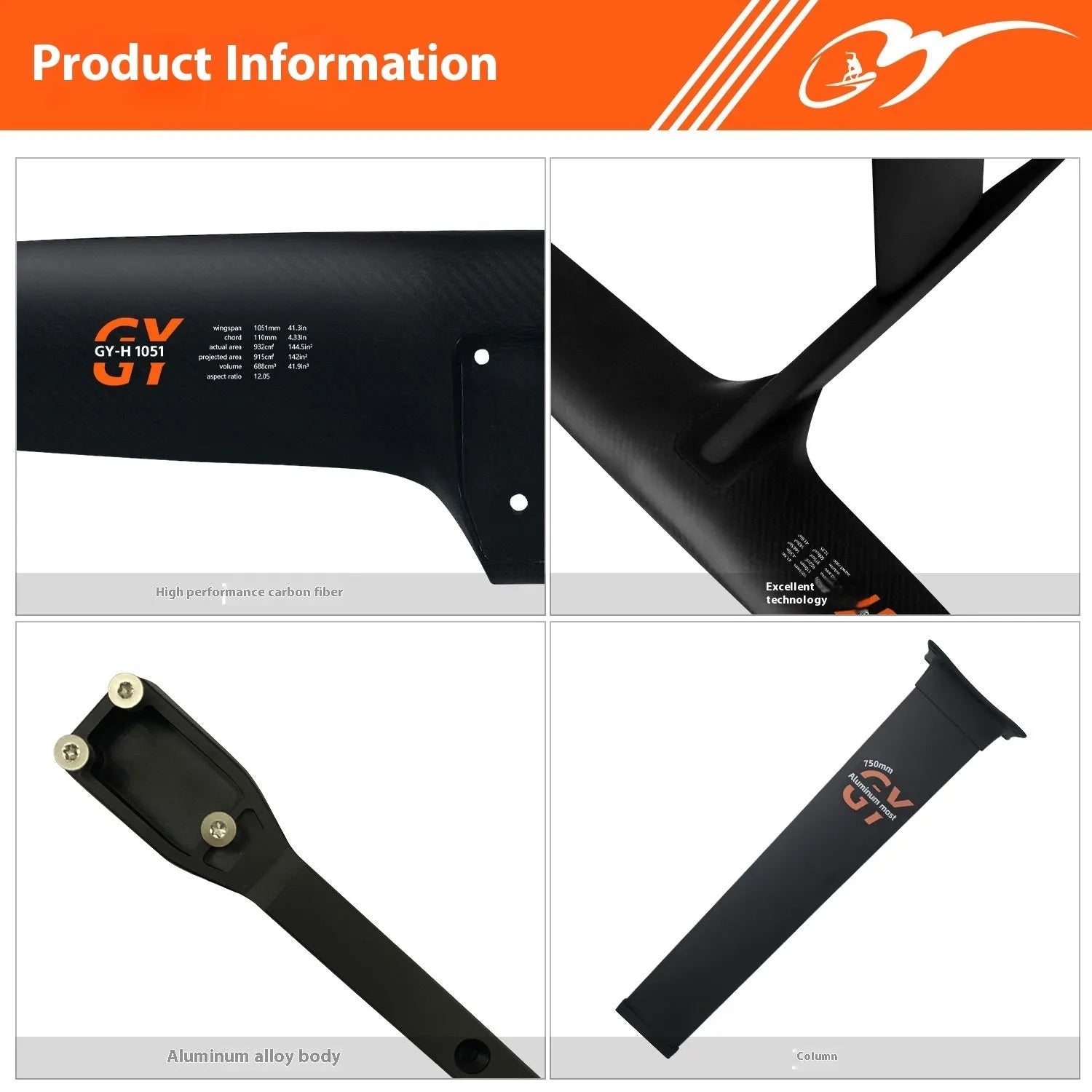 Black carbon fibre and aluminium alloy racing hydrofoil with a large front wing.