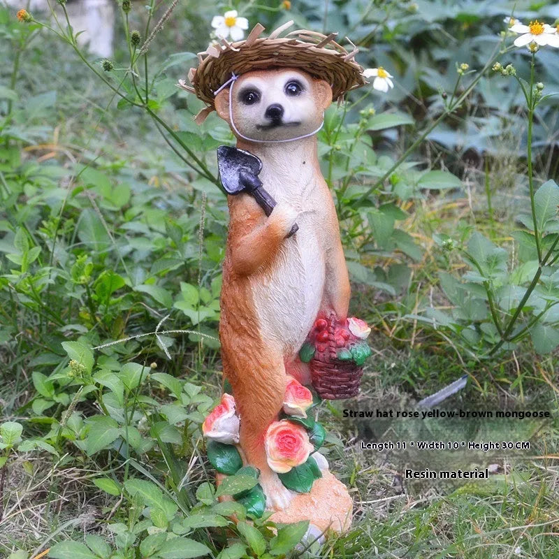 Plastic resin mongoose ornament set with straw hats and gardening tools for bonsai decoration