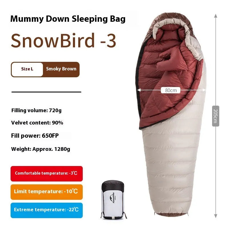 Goose down mummy sleeping bag with storage bag, shown in a neutral colour for adult outdoor use