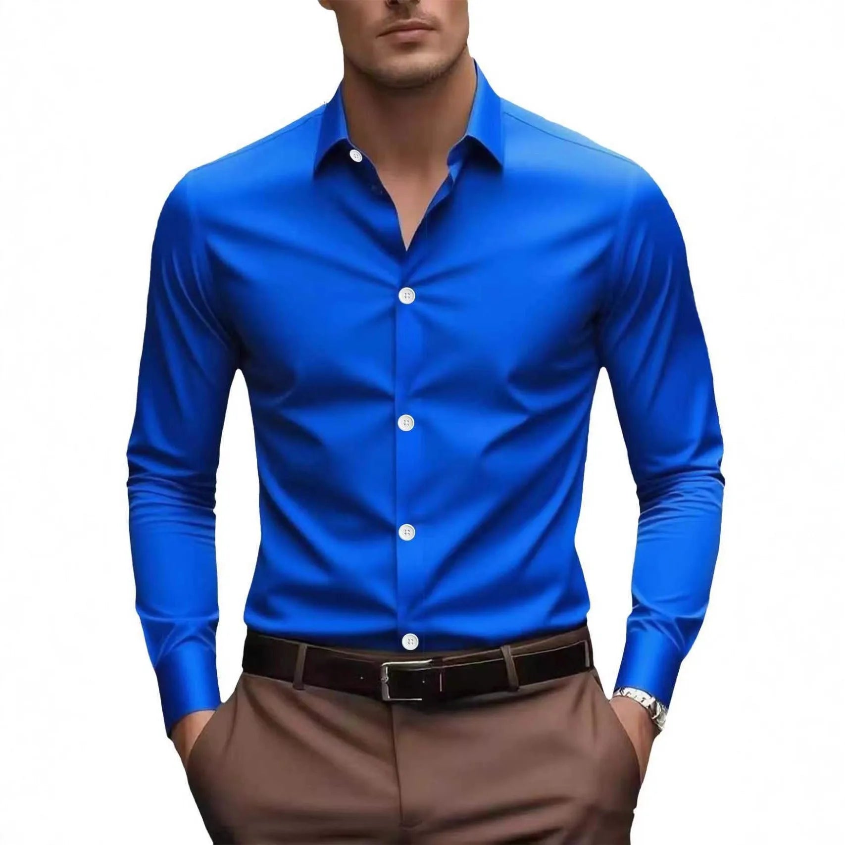 Slim fit long-sleeved solid colour cotton shirt for men, available in multiple colours for business workwear