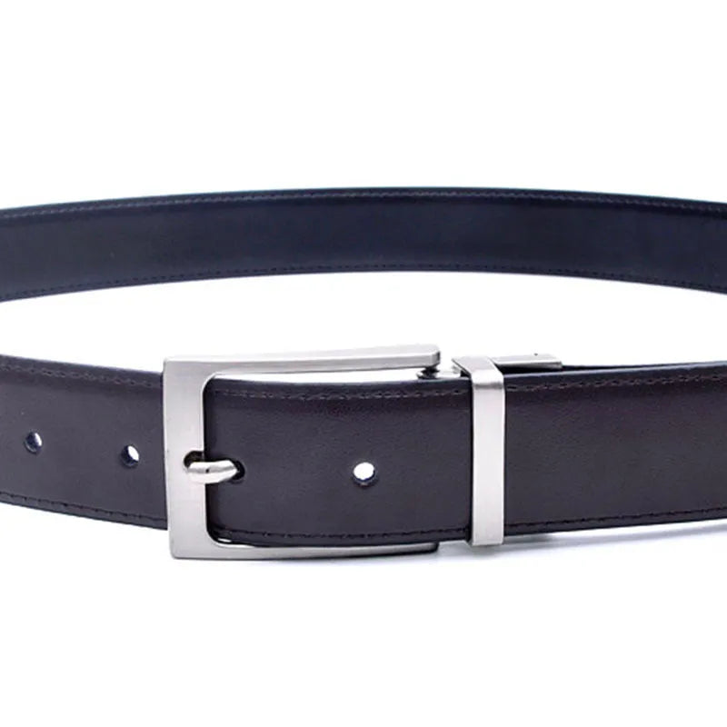 Men's brown and black genuine leather belt with rotating pin buckle on dark background