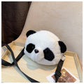 Cylindrical plush crossbody bag with panda head design showing outer sandwich pocket