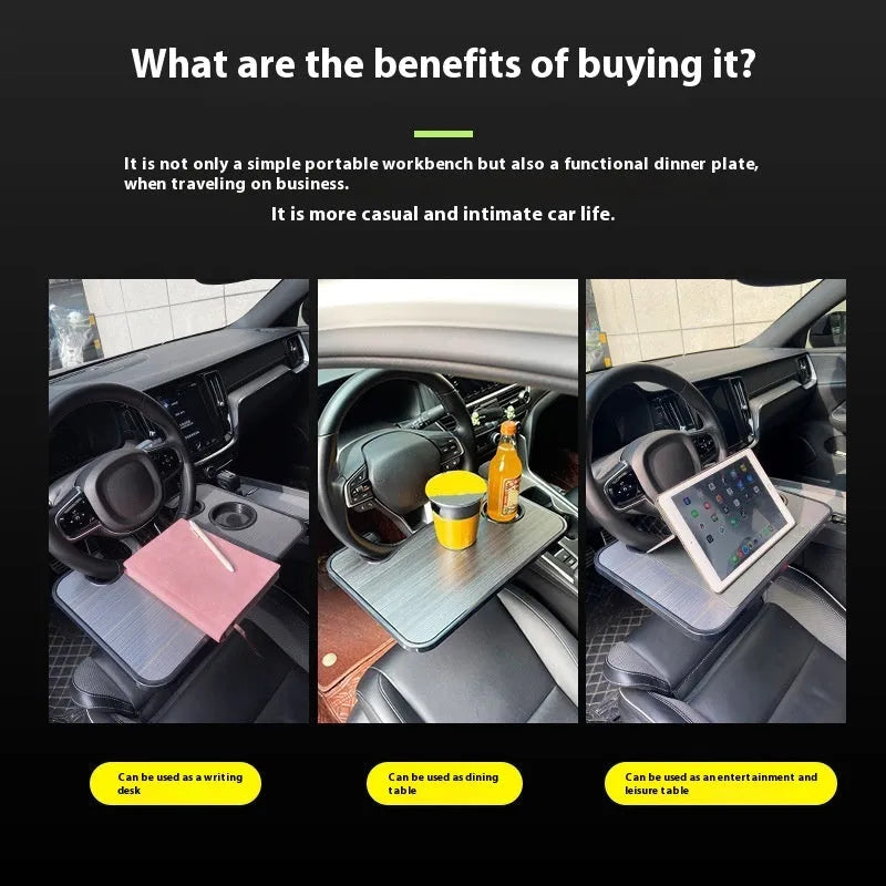 Black car steering wheel laptop stand tray with a foldable drink cup holder deployed.