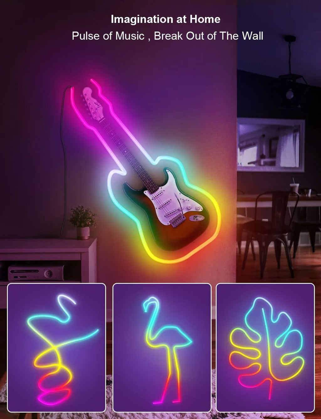 3 metre long RGB neon light strip with remote control and USB power cable
