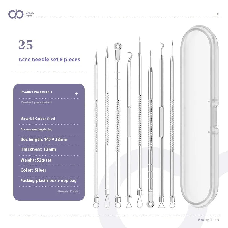 Four silver metal acne needles with pointed tips for skincare extraction