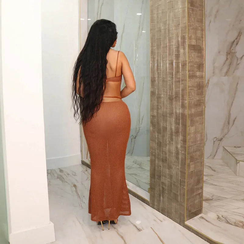 Women's see-through bikini skirt suit in black, long skirt design, polyester fabric