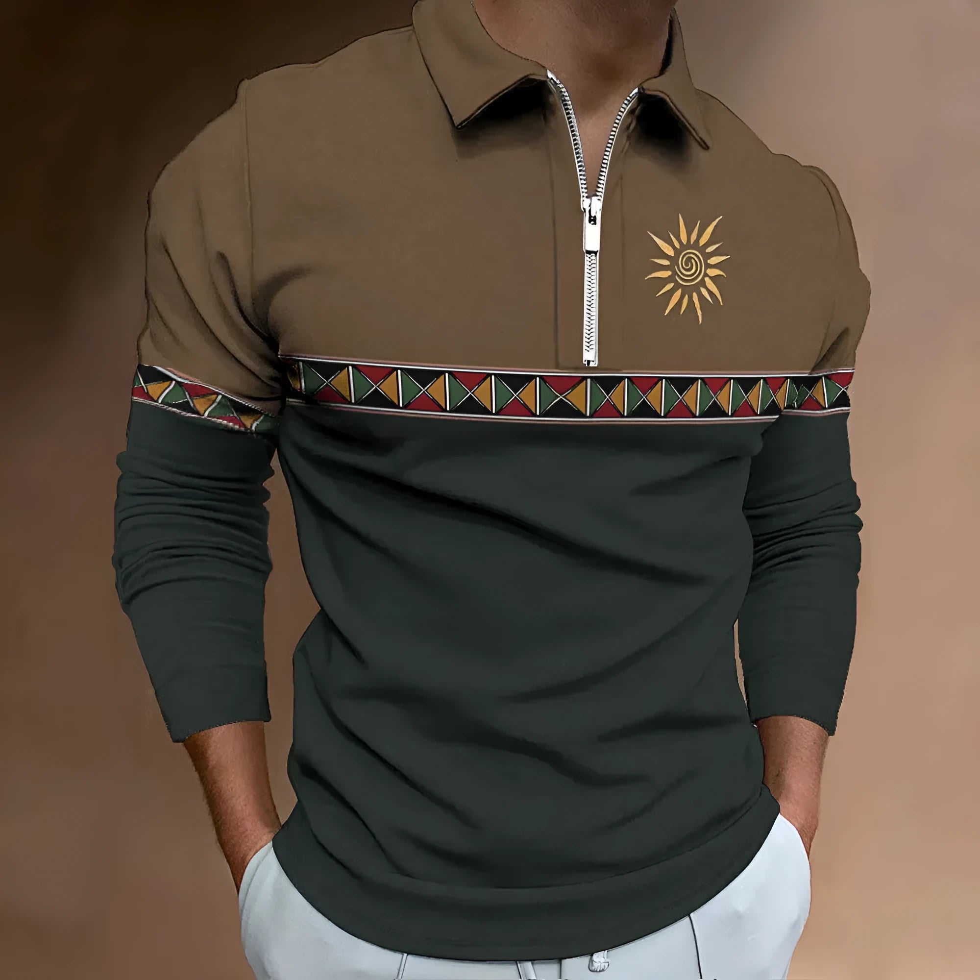 Men's loose fit long sleeve t-shirt with retro colour printing and stripe pattern, showing zip detail on sleeve.