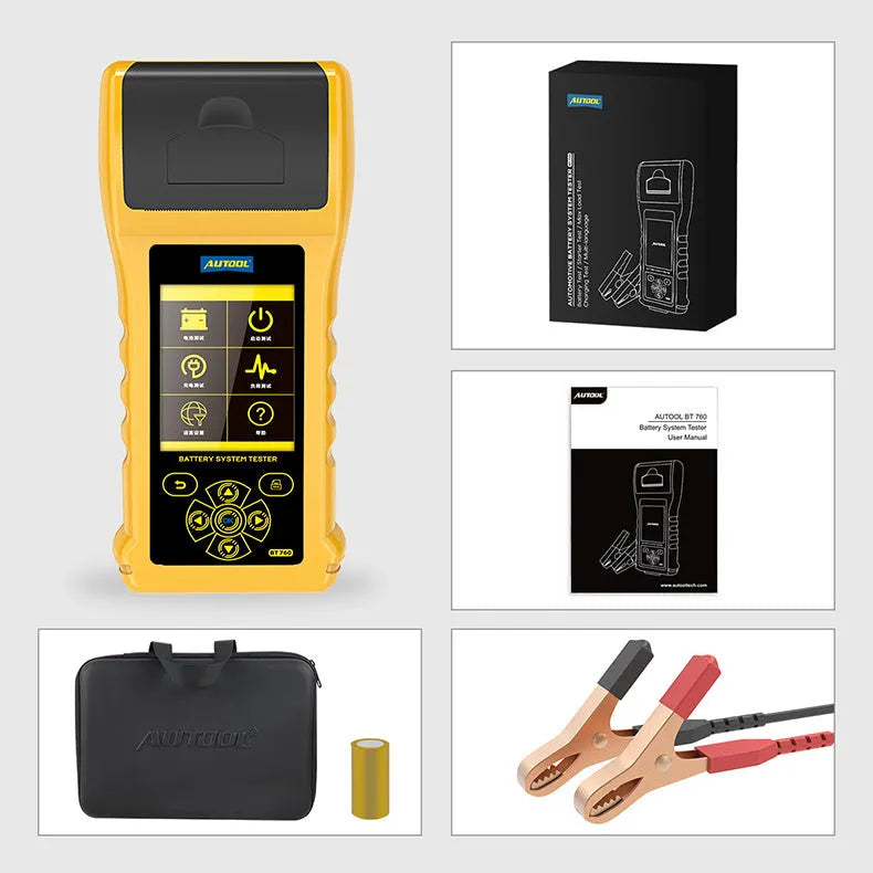Autool BT760 vehicle battery tester with colour screen, clips, and thermal printer.