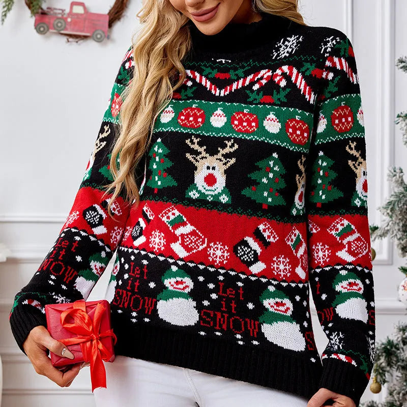 Women's slim-fit turtleneck pullover with animal pattern and contrast colour in black Christmas sweater style