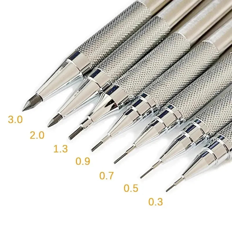 Metal automatic mechanical pencil showing barrel detail and lead size options from 0.5mm to 2.0mm