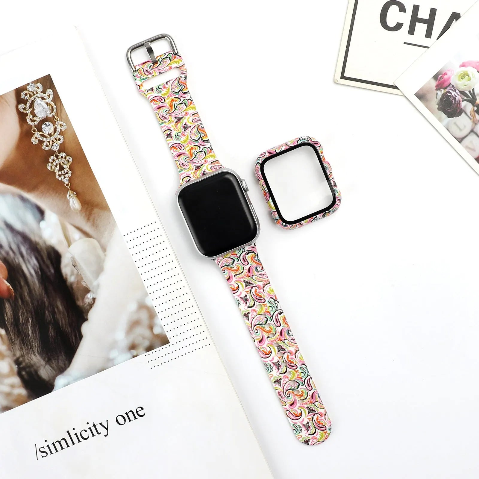 Printed silicone Apple Watch replacement strap in multiple sizes from 38mm to 44mm width