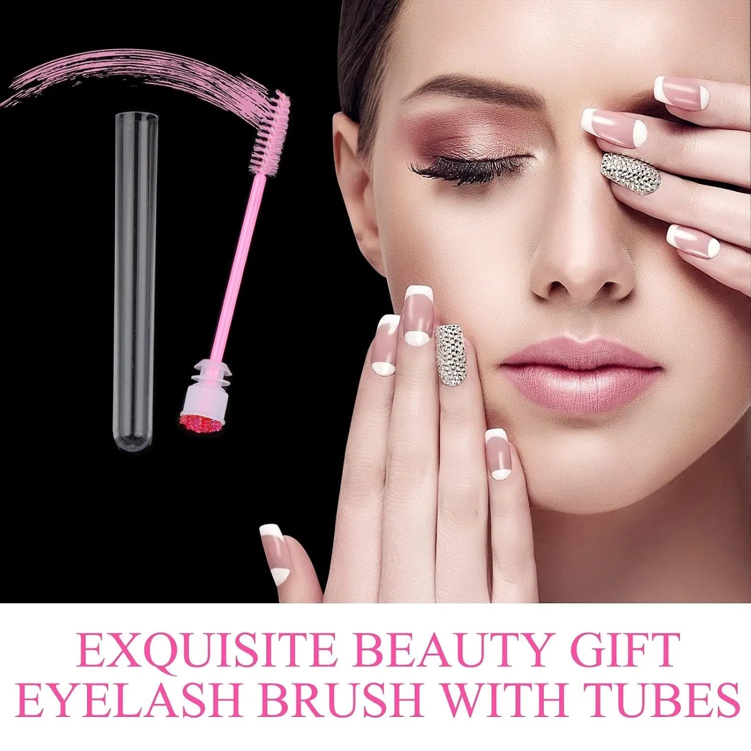 Disposable mascara brushes in protective transparent tubes with spiral brush heads in blue, green, pink, and purple colours