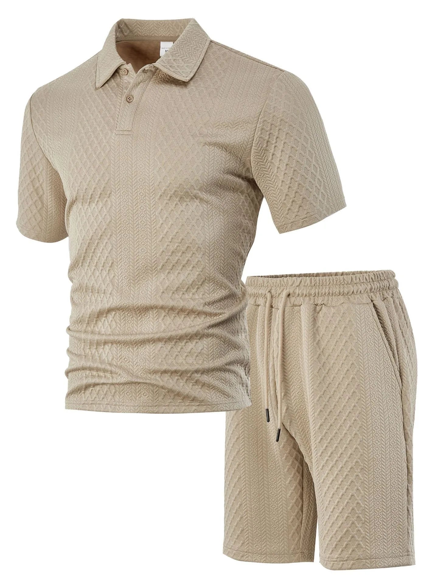 Men's patterned cloth casual suit set featuring a short sleeve polo shirt and trousers on a hanger.