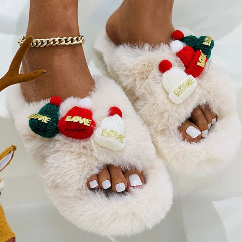 Women's Christmas slippers with hat decoration on super hairy plush upper, shown in black, khaki, and white colours.