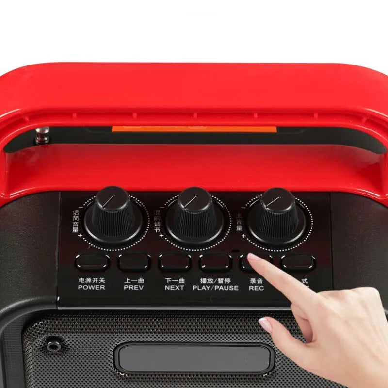 MS62AI portable Bluetooth speaker with wireless microphone showing control buttons and 6.5 inch size