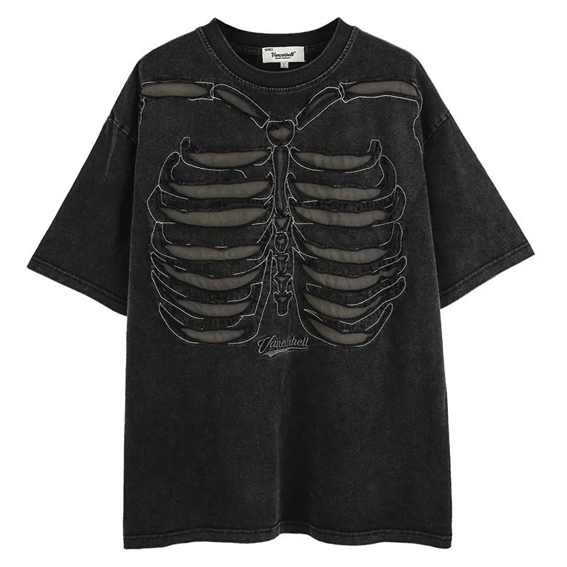 Brown and black skull print cotton T-shirt with drop-shoulder sleeves