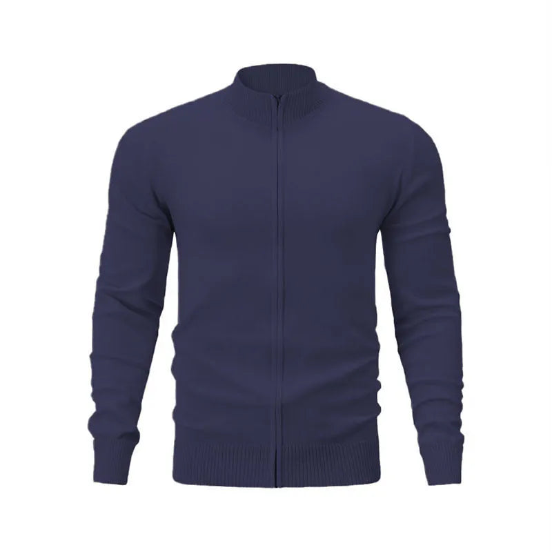 Man wearing a grey stand collar zip-up casual sweater