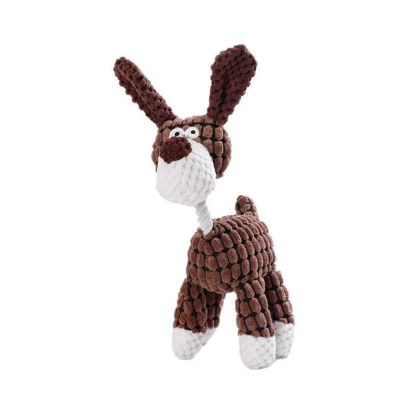 Bite-resistant plush puppy toy showing donkey, rechargeable duck, elephant, and dog styles