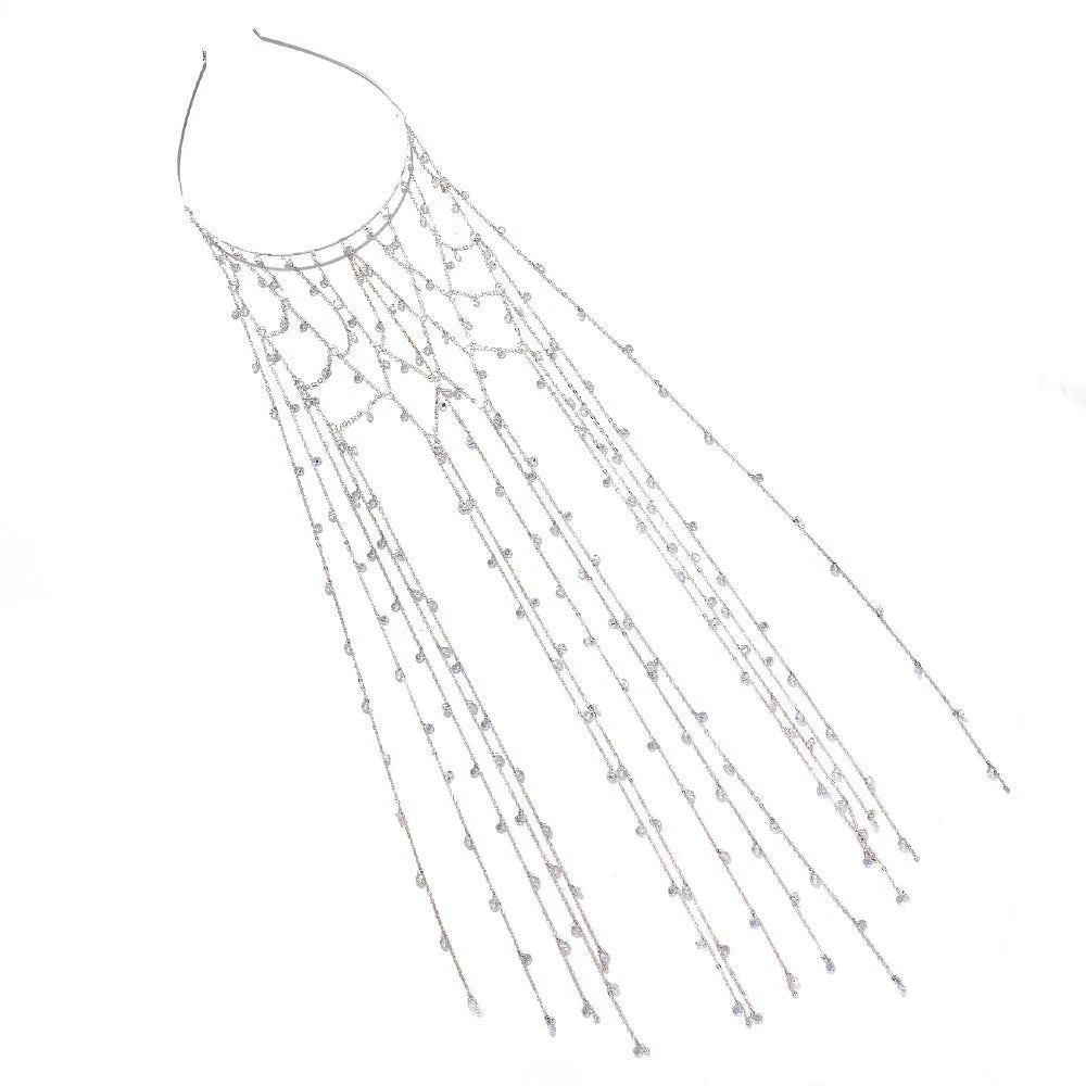 Gold and silver electroplated rhinestone headband with mesh design and tassel detailing