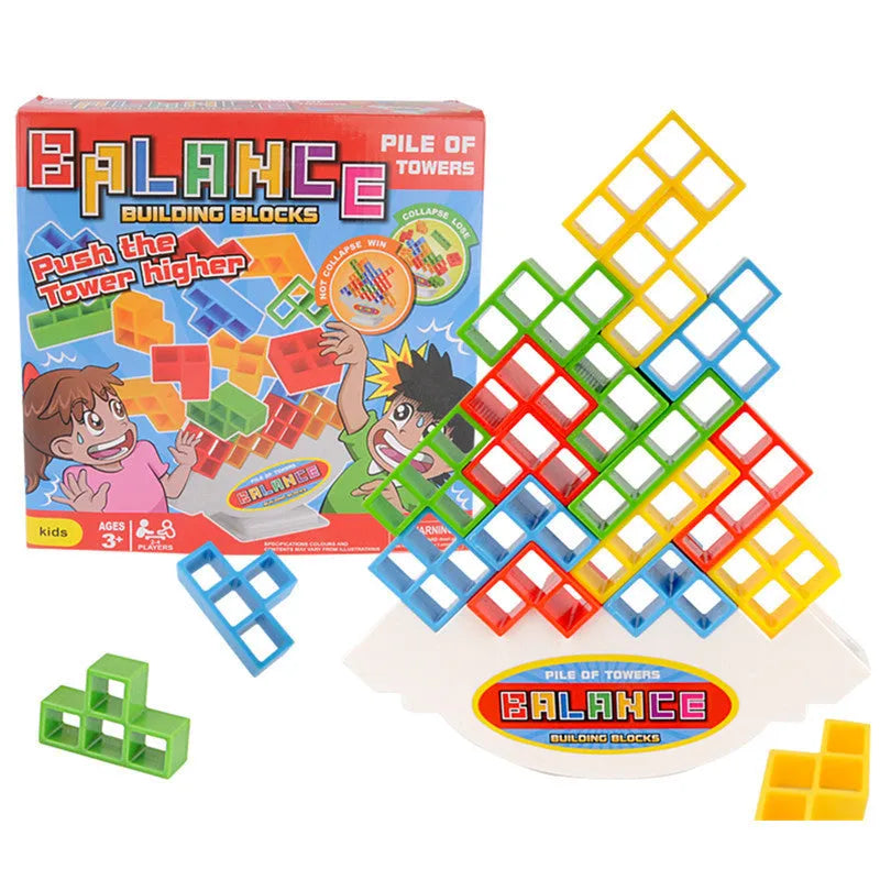 Plastic balance stacking game with 16 coloured blocks, chassis and base on table