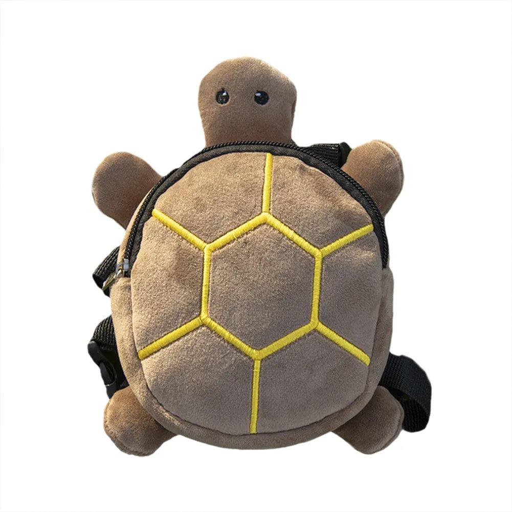 Brown turtle-shaped velvet dog backpack harness with metal zipper and 20x18cm dimensions