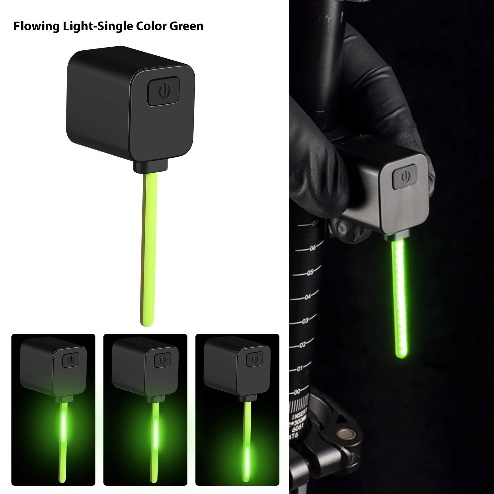 Plug-in bicycle safety taillight with running water LED flashing sequence mounted on a bike seat tube.
