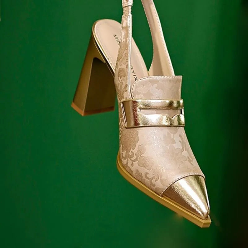 Korean style women's pointed-toe sandals with chunky heel and elastic ankle strap in black, champagne, or green