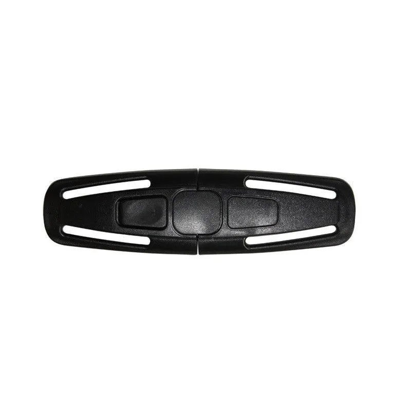 Black nylon child car seat belt buckle clip for 5-point harness, measuring 14.5 by 4 centimetres.