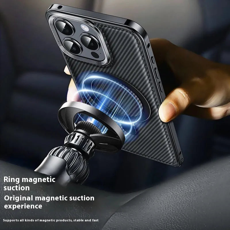 Metal frame carbon fiber pattern bracket phone case for Apple 14 in dark gray