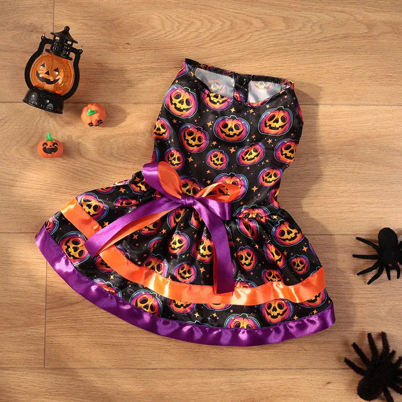 Halloween dog skirt with colourful pumpkin and skull prints in double-layer design