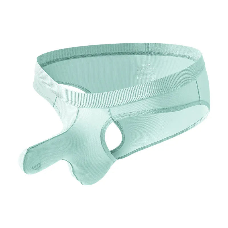 Men's Ice Silk low waist briefs underwear shown in multiple colours with size chart
