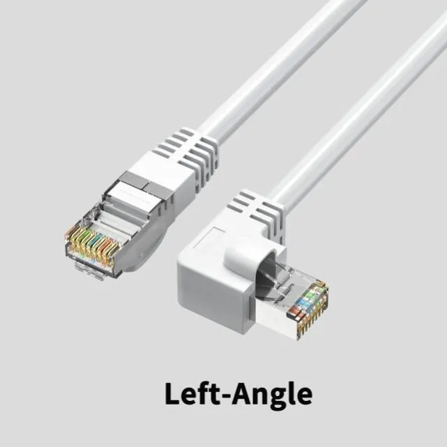 Right-angled Cat6 Ethernet cable with metal connector in various colours including black, red, and yellow.