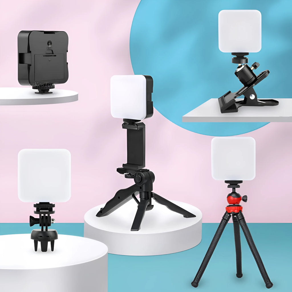 Compact square on-camera top flash unit with hot shoe mount and rotatable head.
