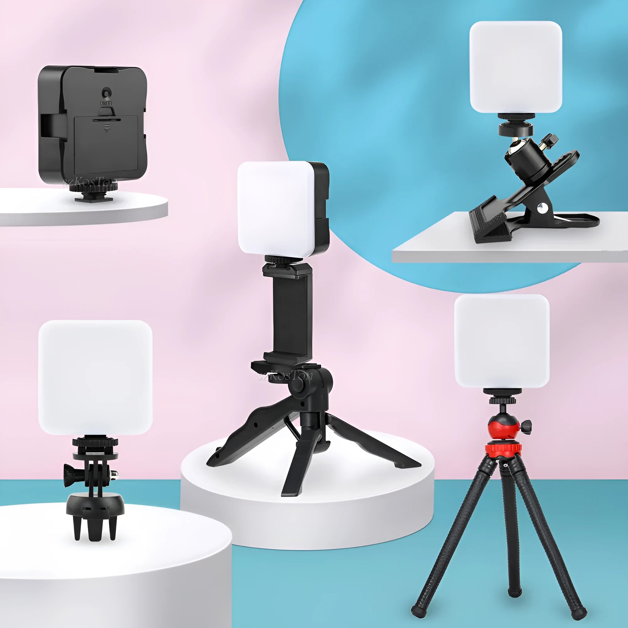Compact square on-camera top flash unit with hot shoe mount and rotatable head.