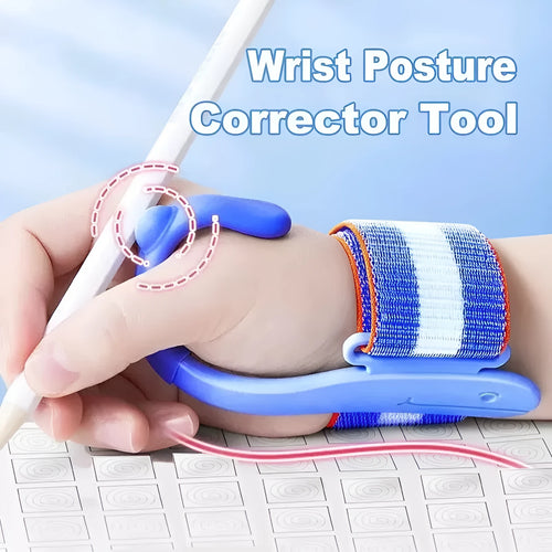 Blue anti-hook wrist brace and pen control corrector for children's writing posture on a table.