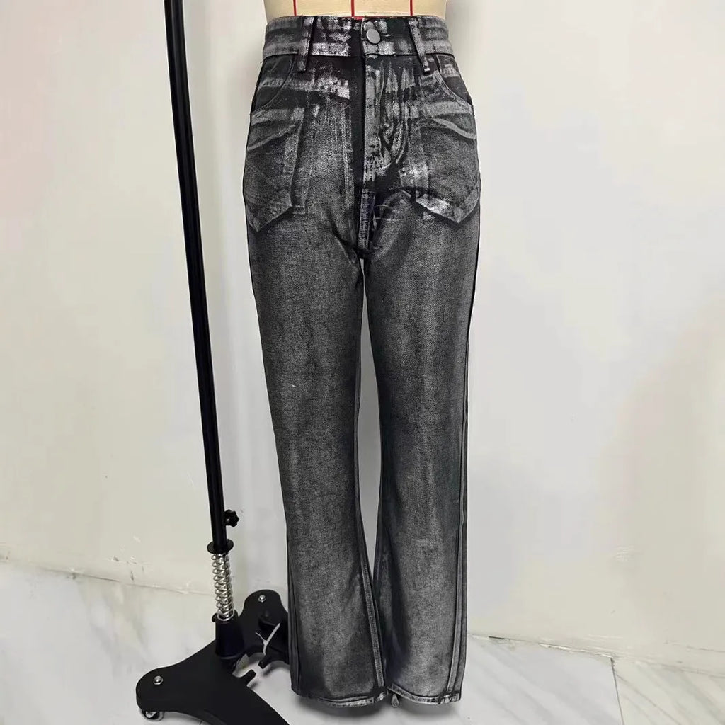 Women's washed blue high waist straight leg denim jeans with street hipster styling and contrast colour details
