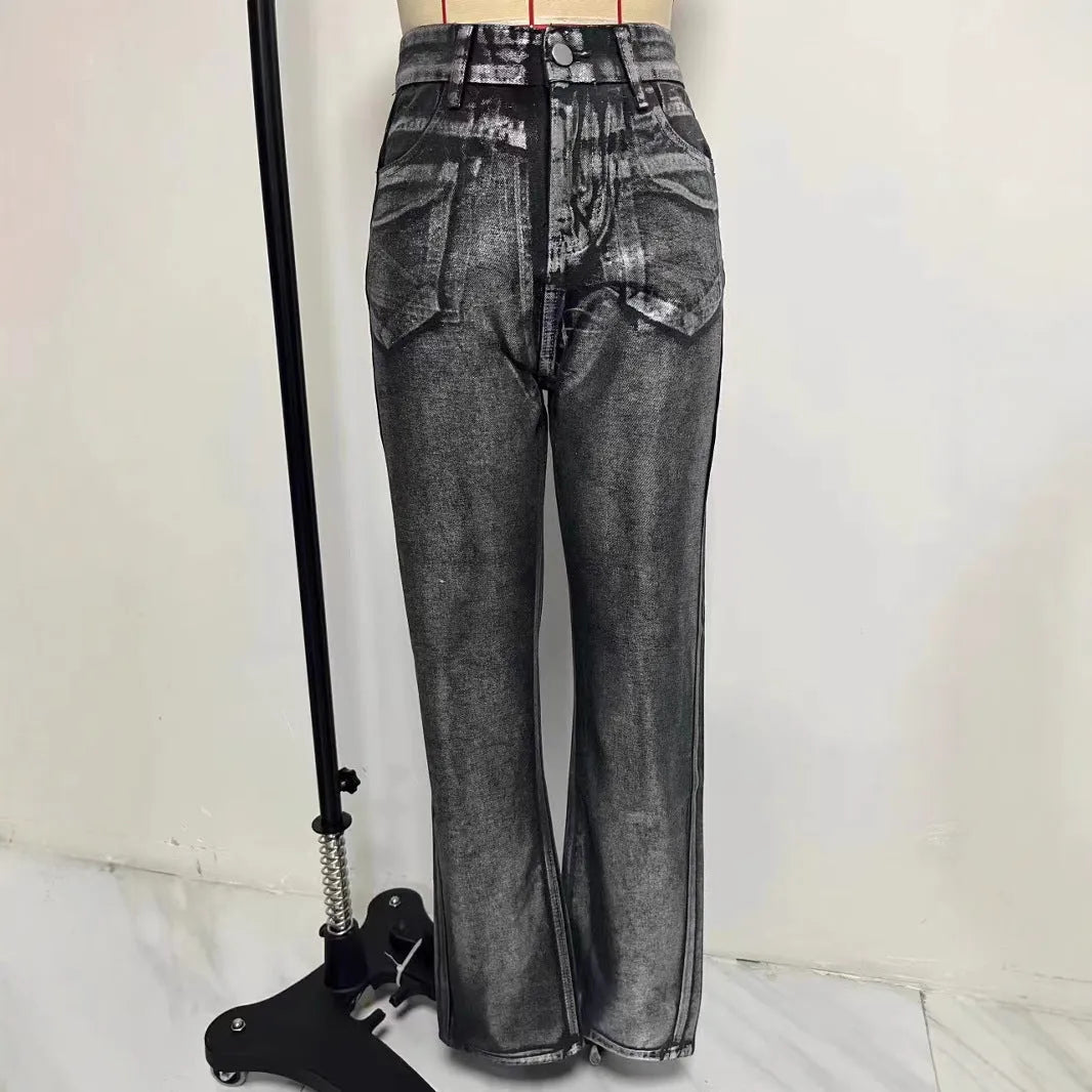 Women's washed blue high waist straight leg denim jeans with street hipster styling and contrast colour details