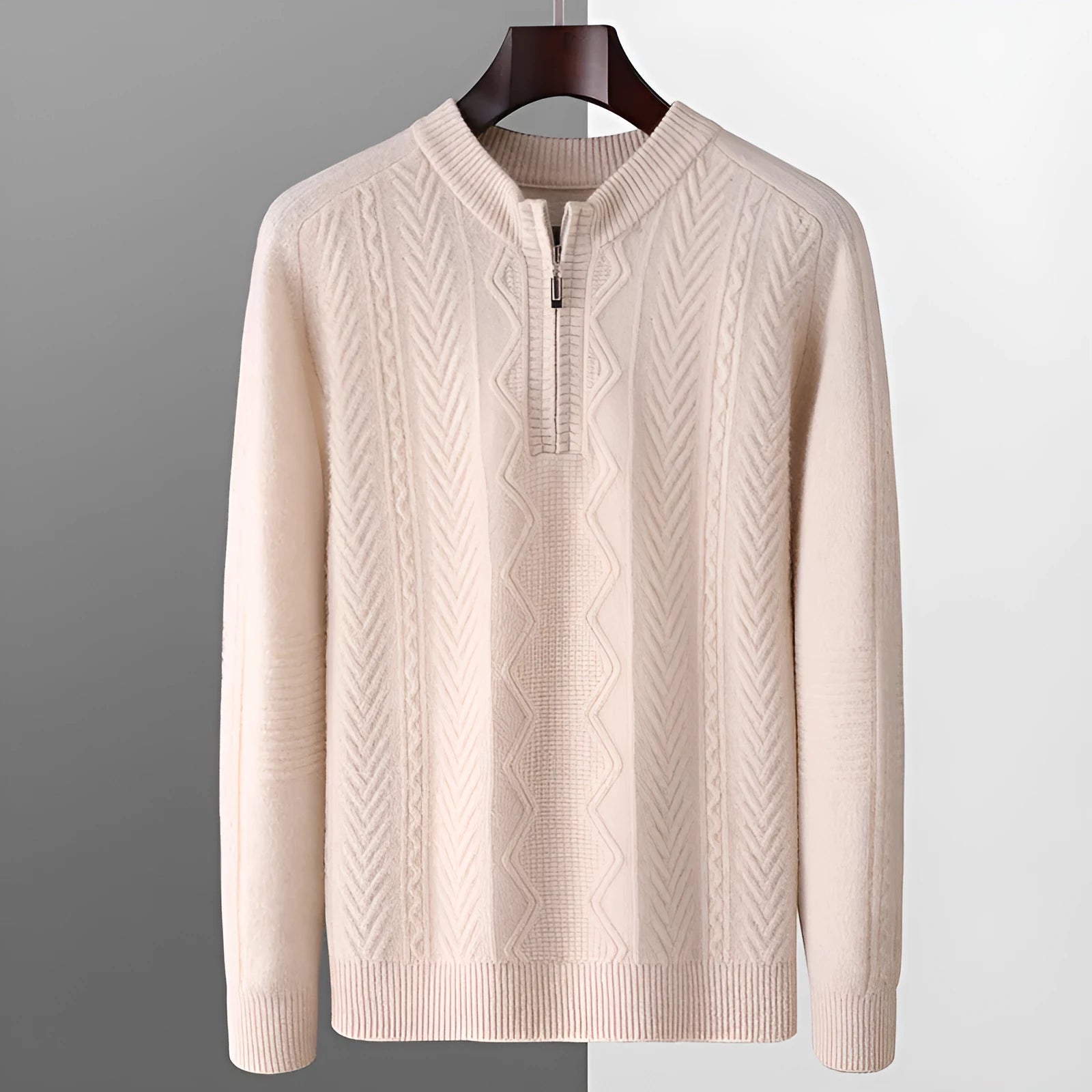 Men's pure wool diamond lattice pattern half-zip sweater in light camel colour