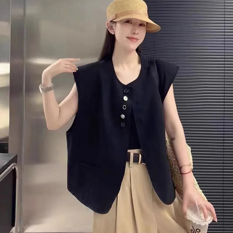 Women's loose fit polyester vest with pocket in milky white or black, 40cm short length
