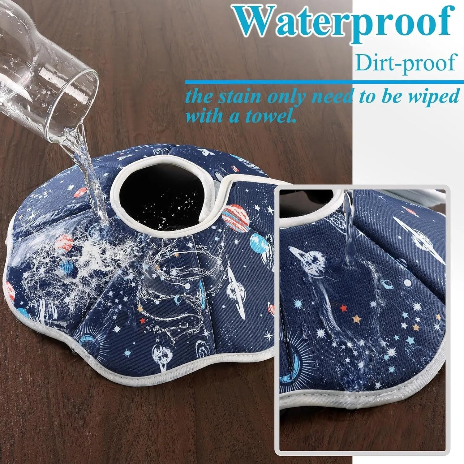 Soft adjustable cat recovery cone collar in constellation pattern on a small cat