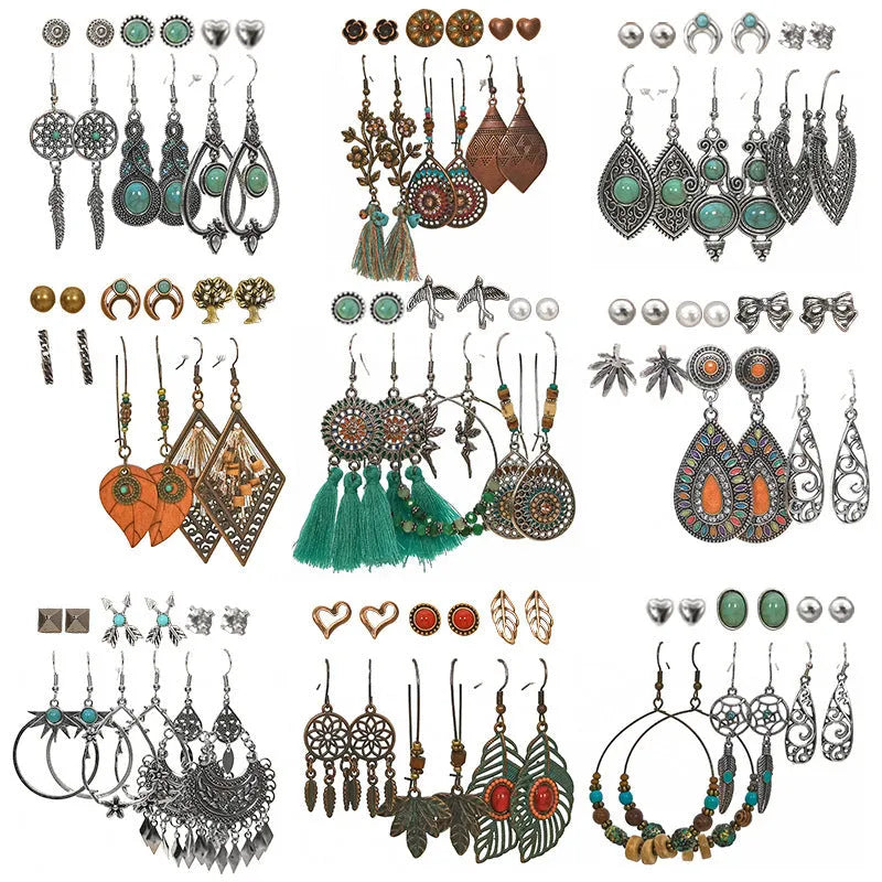 Bohemian earring set with alloy base, electroplated finish, tassel and beaded drop designs in heart shape
