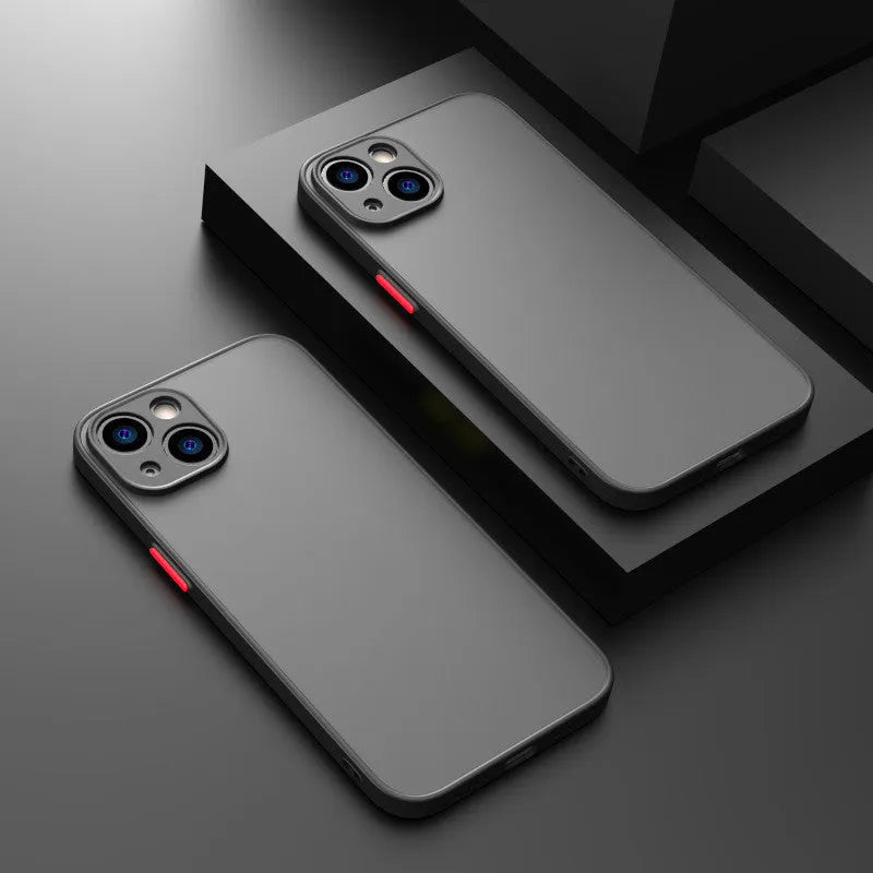 Frosted hard plastic and TPU iPhone case with fine hole design and raised camera protection.